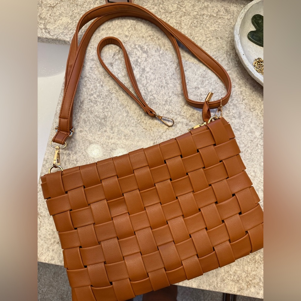 Elegant Tan Woven Faux Leather Shoulder Bag